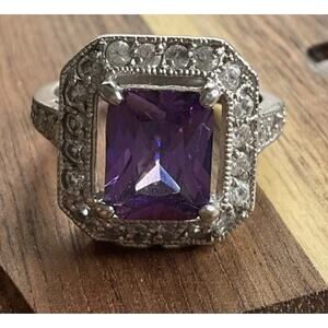 Art Deco FAS 925 Sterling Silver Amethyst CZ Ring Size 8.5 Vintage